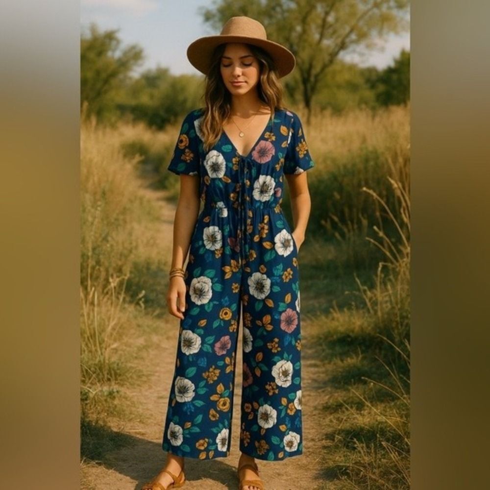 Band of Gypsies Womens Blue Floral Tie Front VNeck Full Length Romper‎ sz L Boho